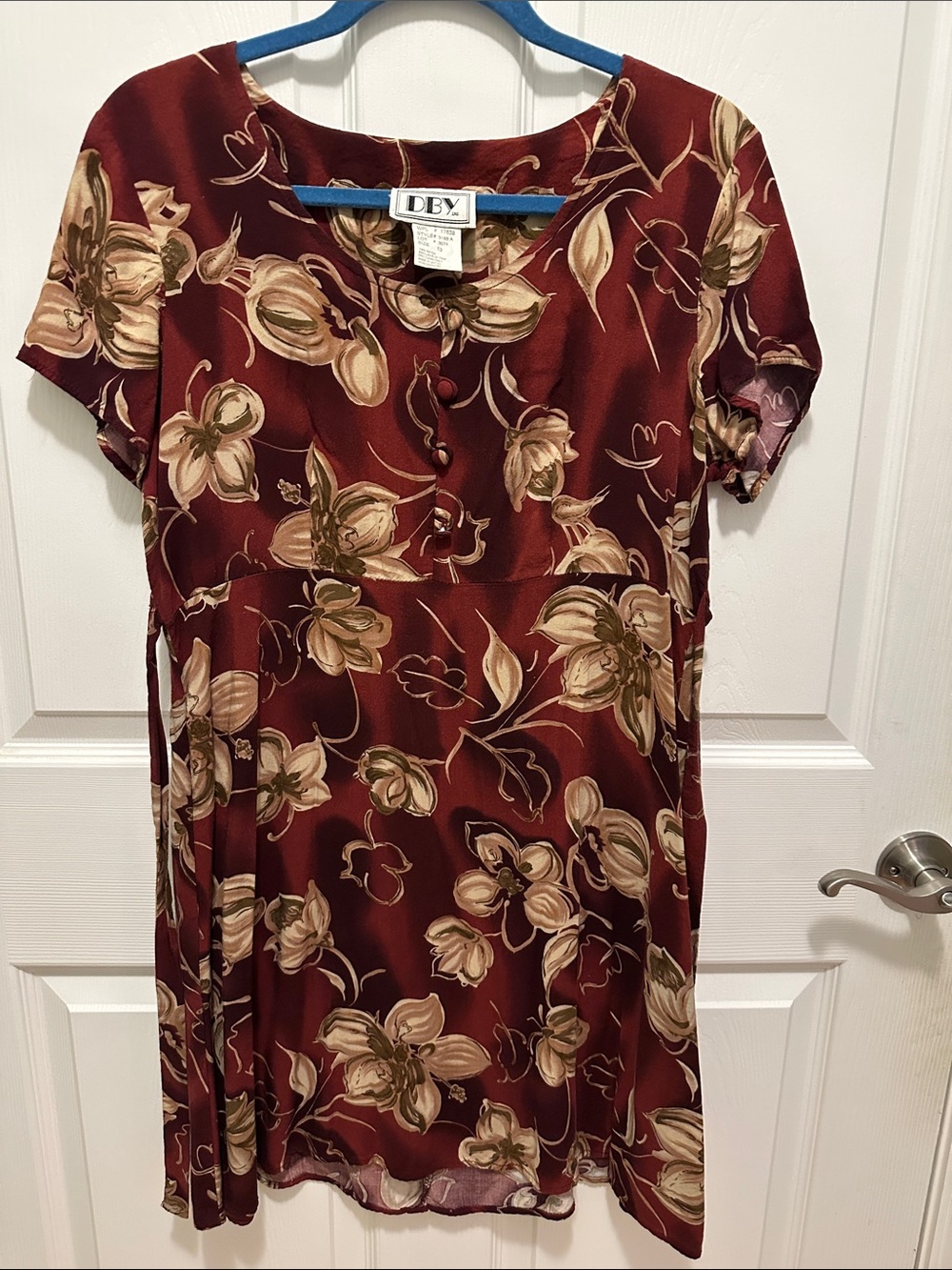 DBY Burgundy Floral Midi Dress with Short Sleeves